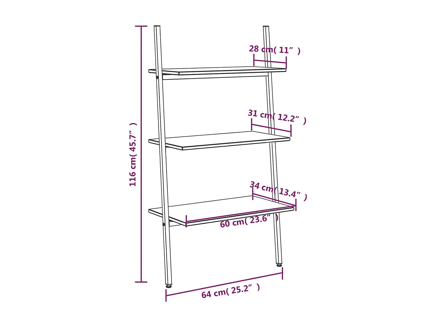 Scaffale inclinato a 3 ripiani nero 64x34x116 cm