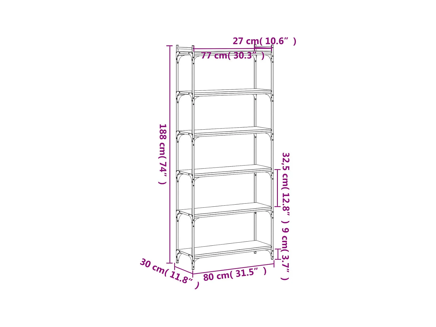 Bibliothèque 6 niveaux noir 80x30x188 cm bois d'ingénierie