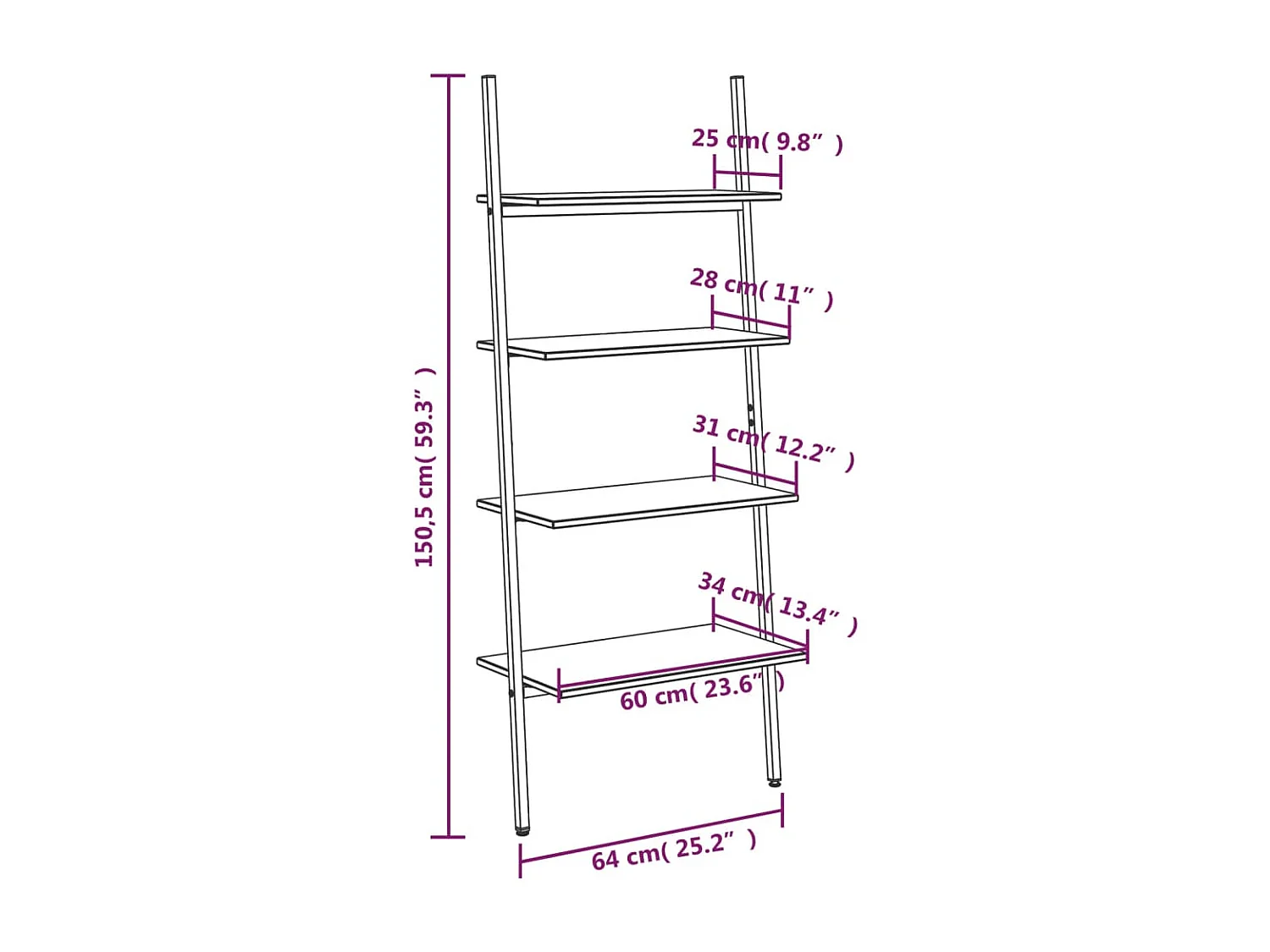 4-laags schuine plank zwart 64x34x150,5 cm