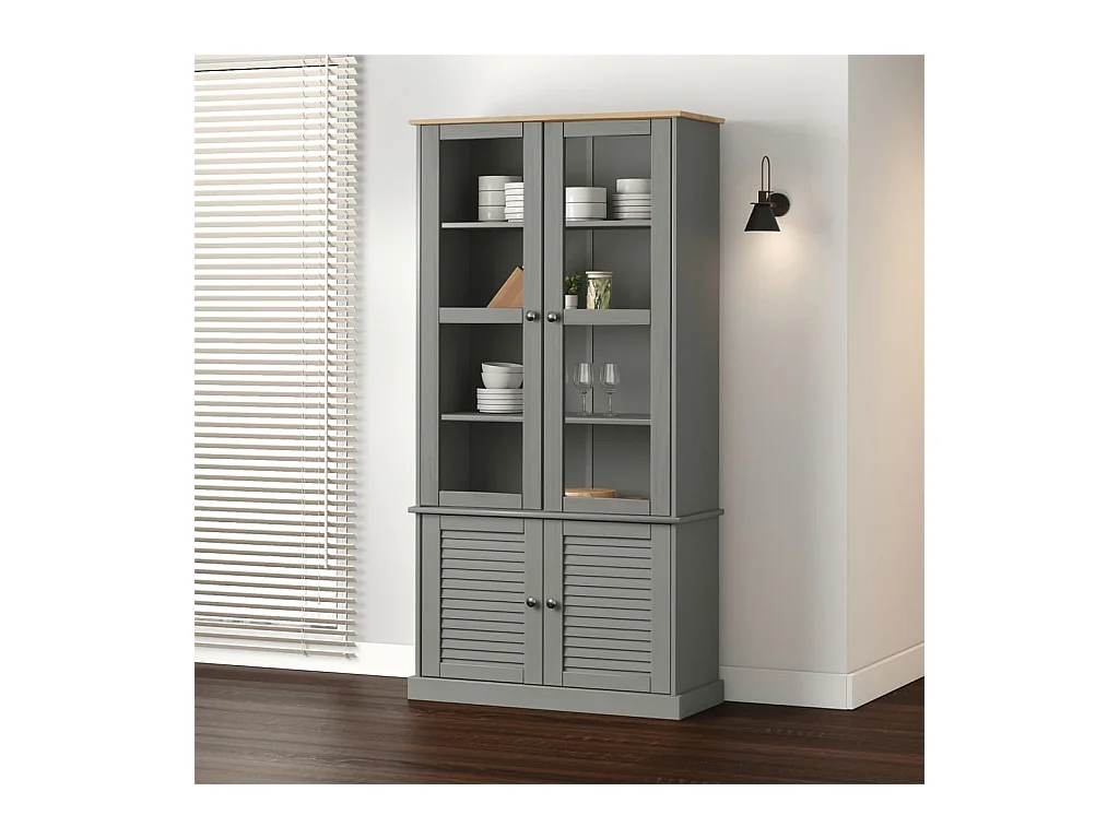 VIGO grijze glazen vitrinekast 85x35x170 cm massief grenenhout