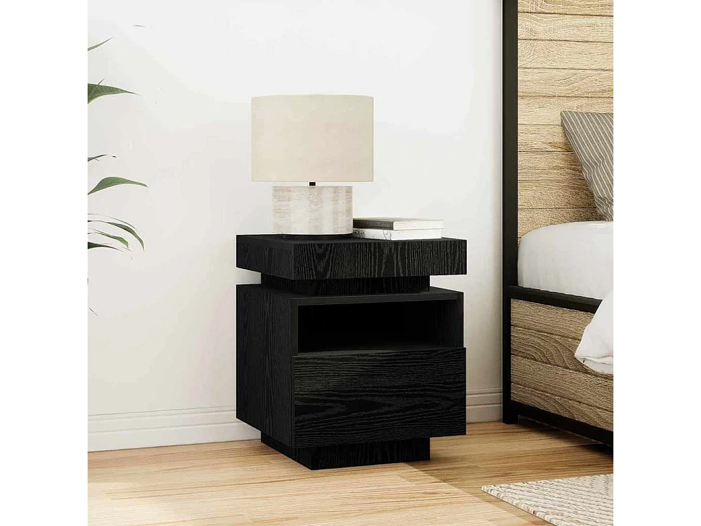 Comodino con luci LED Rovere Nero 40x39x48,5 cm
