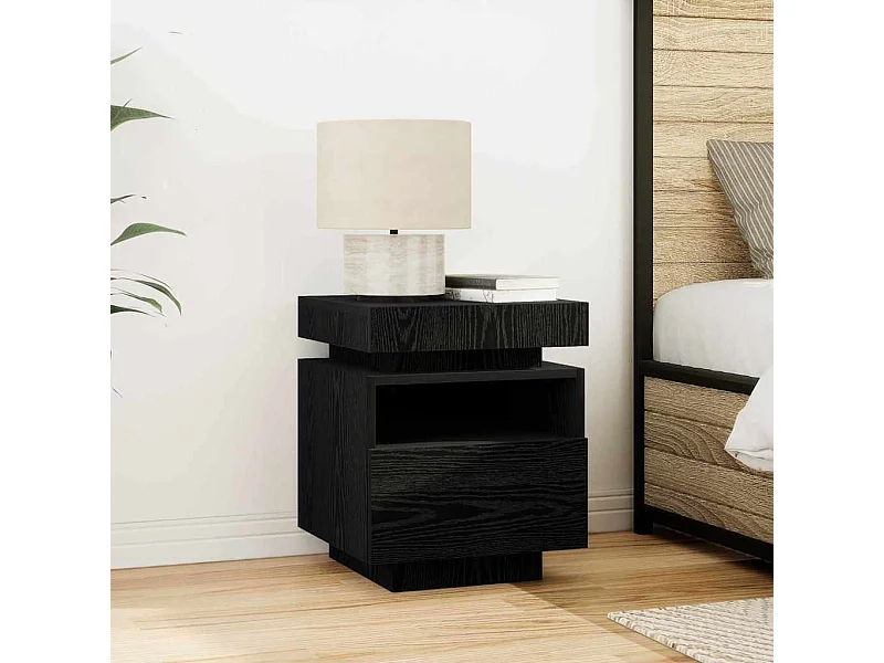 Comodino con luci LED Rovere Nero 40x39x48,5 cm