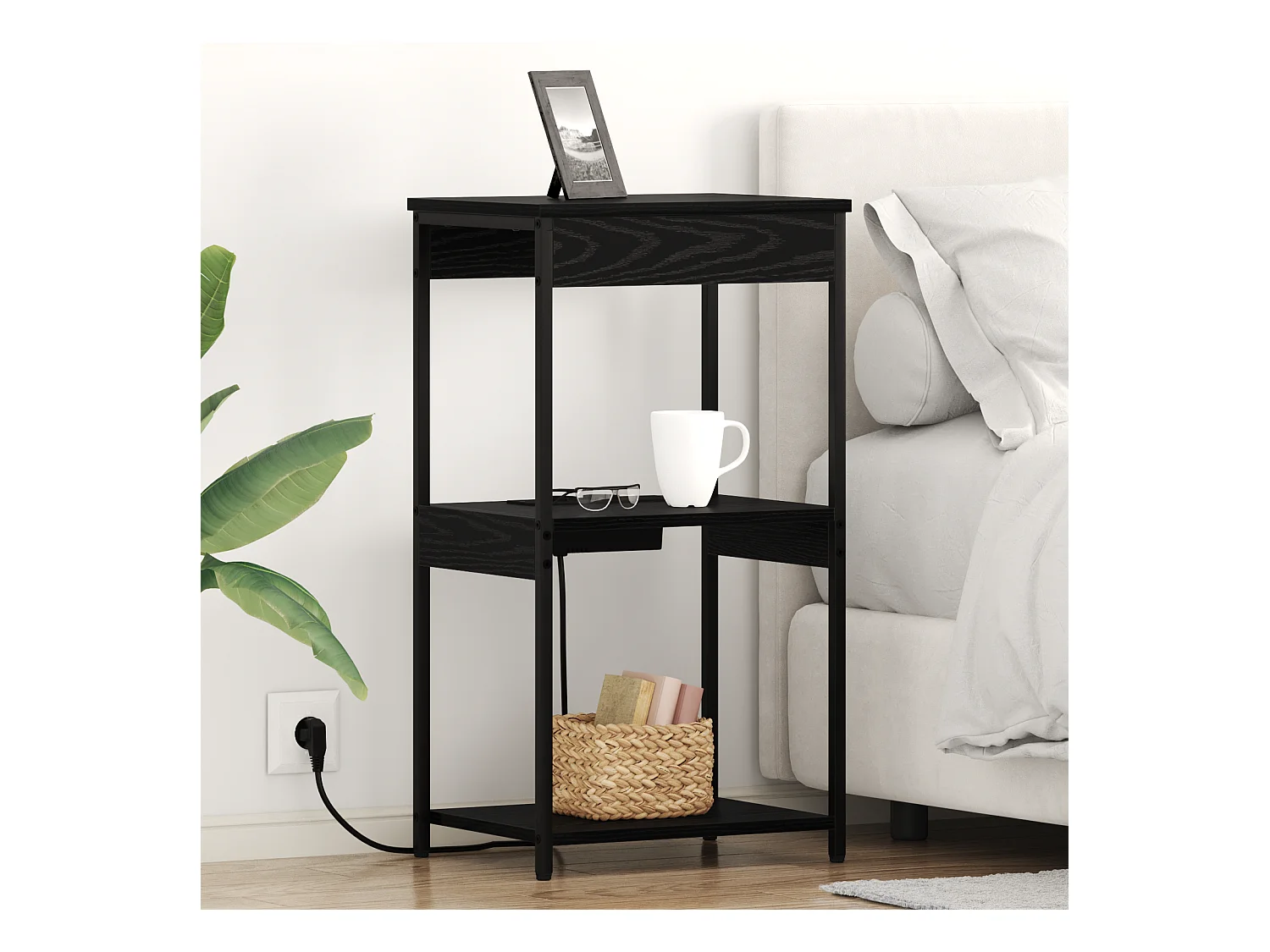 Table de nuit avec station de chargement Chêne noir