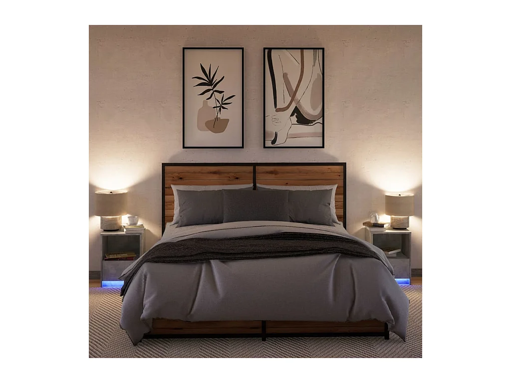 Armoires de chevet et lumières LED 2 pcs gris béton