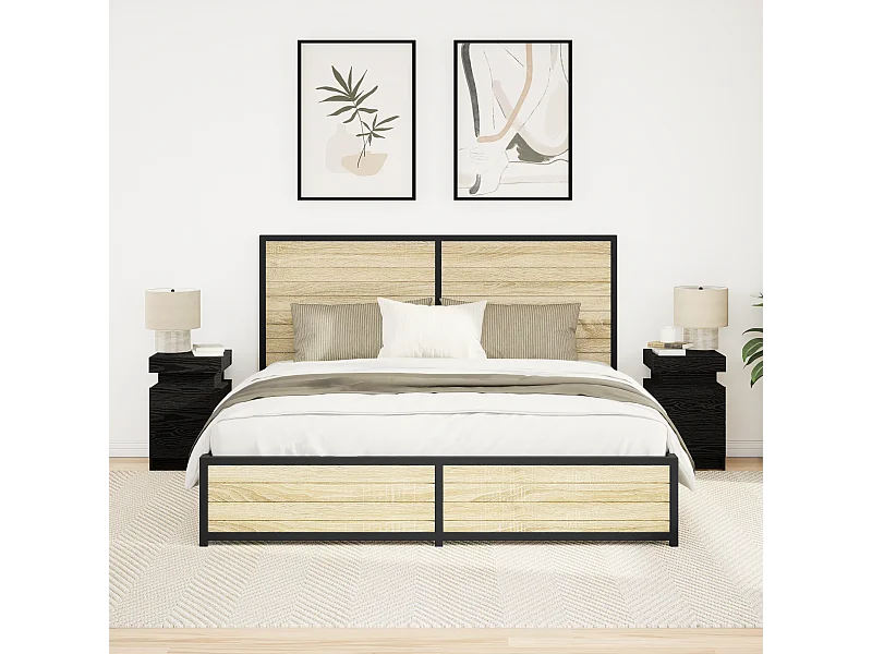 Table de chevet avec lumières LED 2 pcs Chêne noir 35x39x55 cm