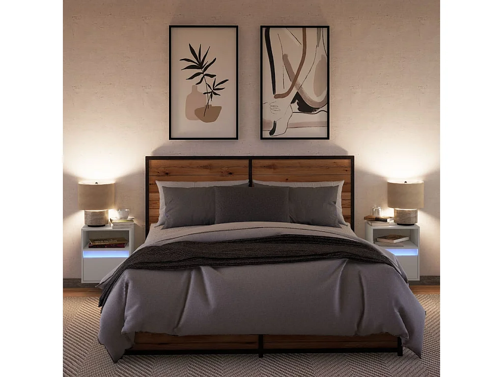 Comodini da parete con luci LED 2 pezzi bianchi