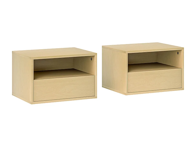 Hangend nachtkastje, zwevend design, natuurlijk hout, met lade en open plank (45x35x27,5 cm)