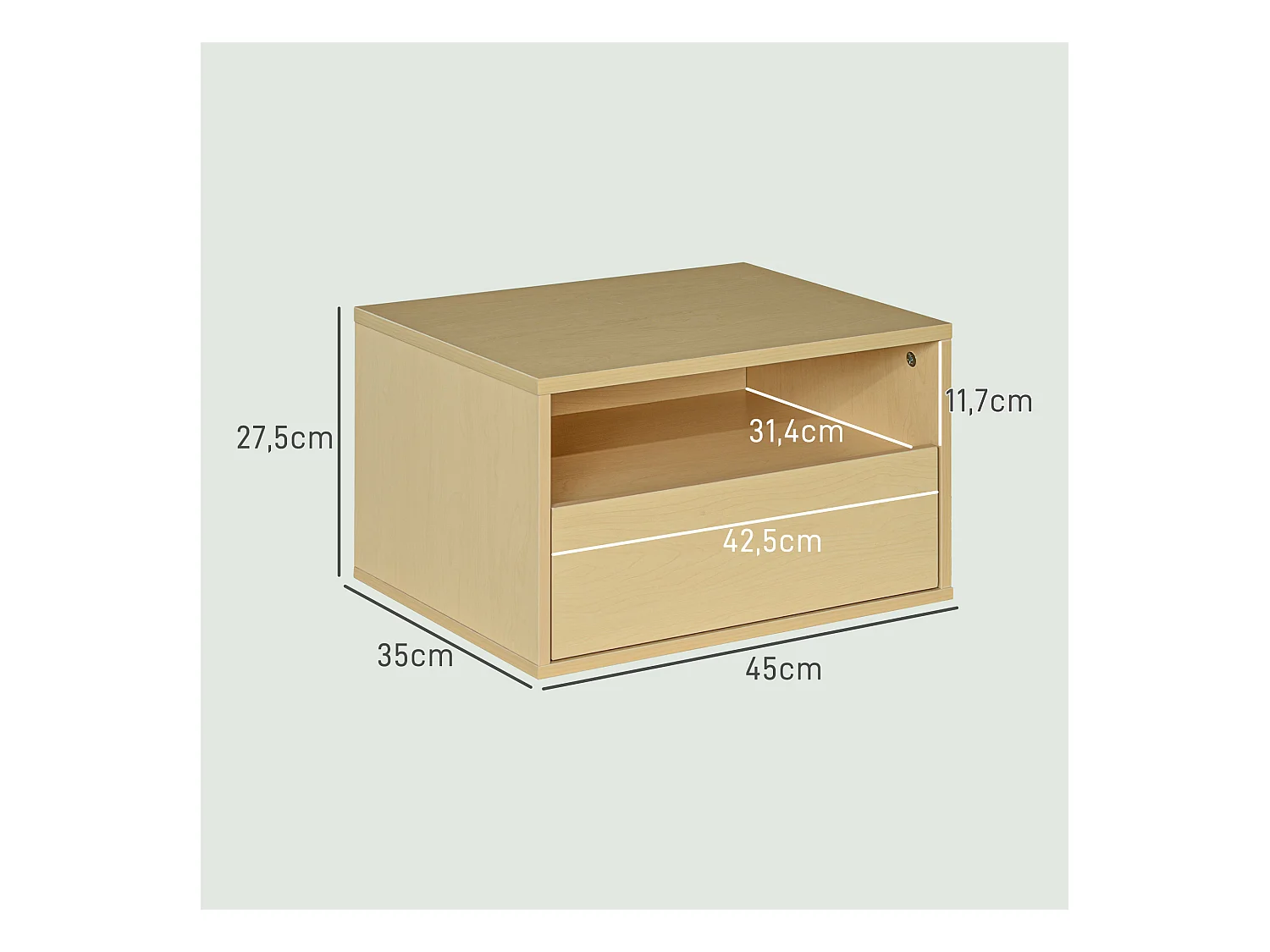 Table de chevet suspendue, design flottant, bois naturel, avec tiroir et étagère ouverte (45x35x27.5 cm)