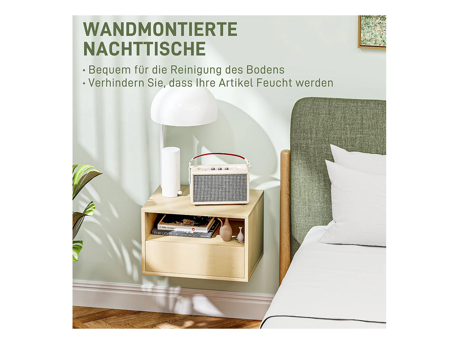 Table de chevet suspendue, design flottant, bois naturel, avec tiroir et étagère ouverte (45x35x27.5 cm)