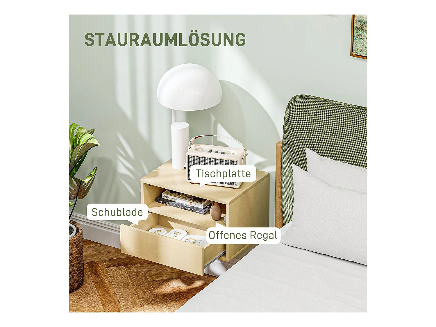 Table de chevet suspendue, design flottant, bois naturel, avec tiroir et étagère ouverte (45x35x27.5 cm)