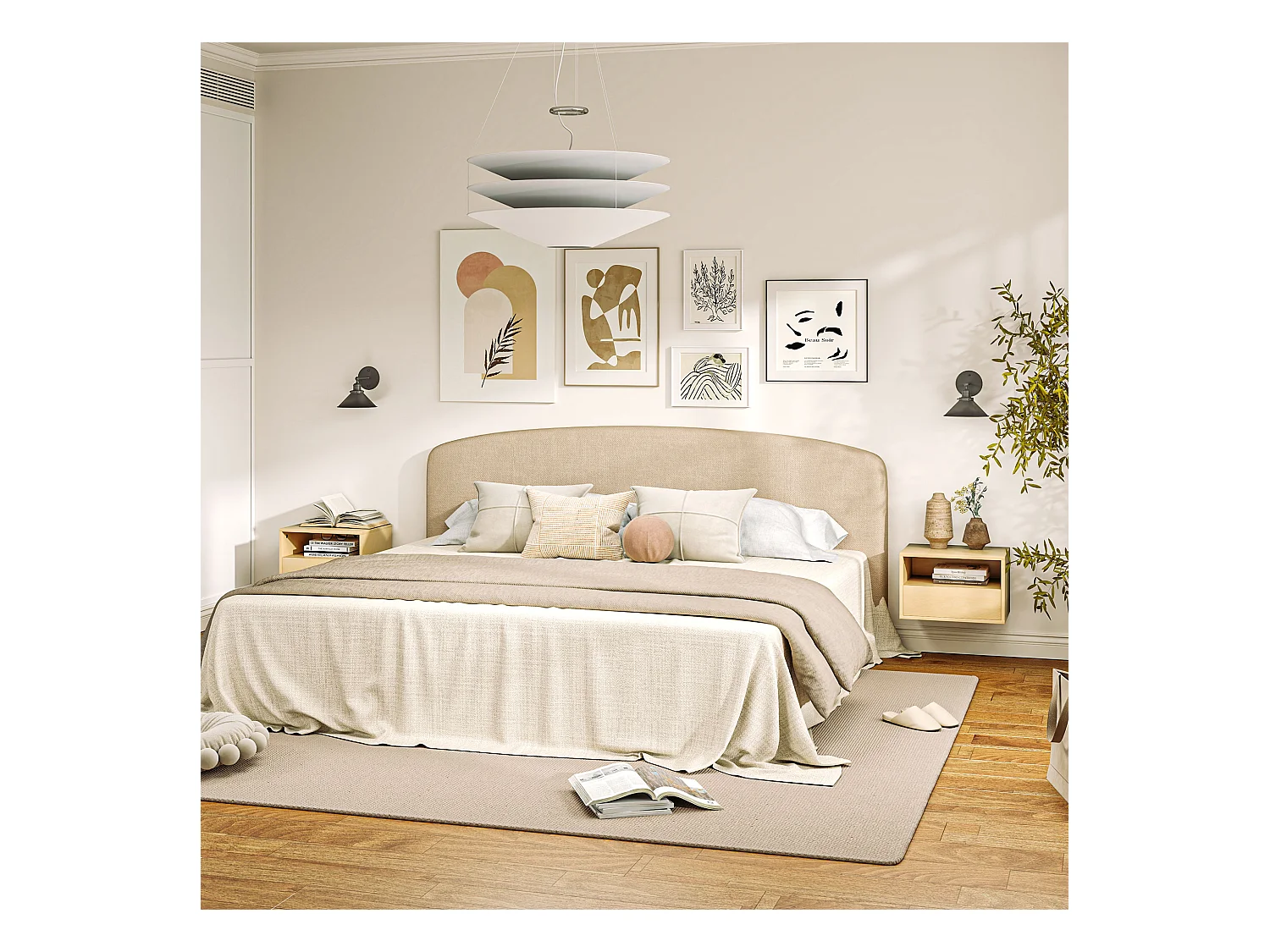 Table de chevet suspendue, design flottant, bois naturel, avec tiroir et étagère ouverte (45x35x27.5 cm)