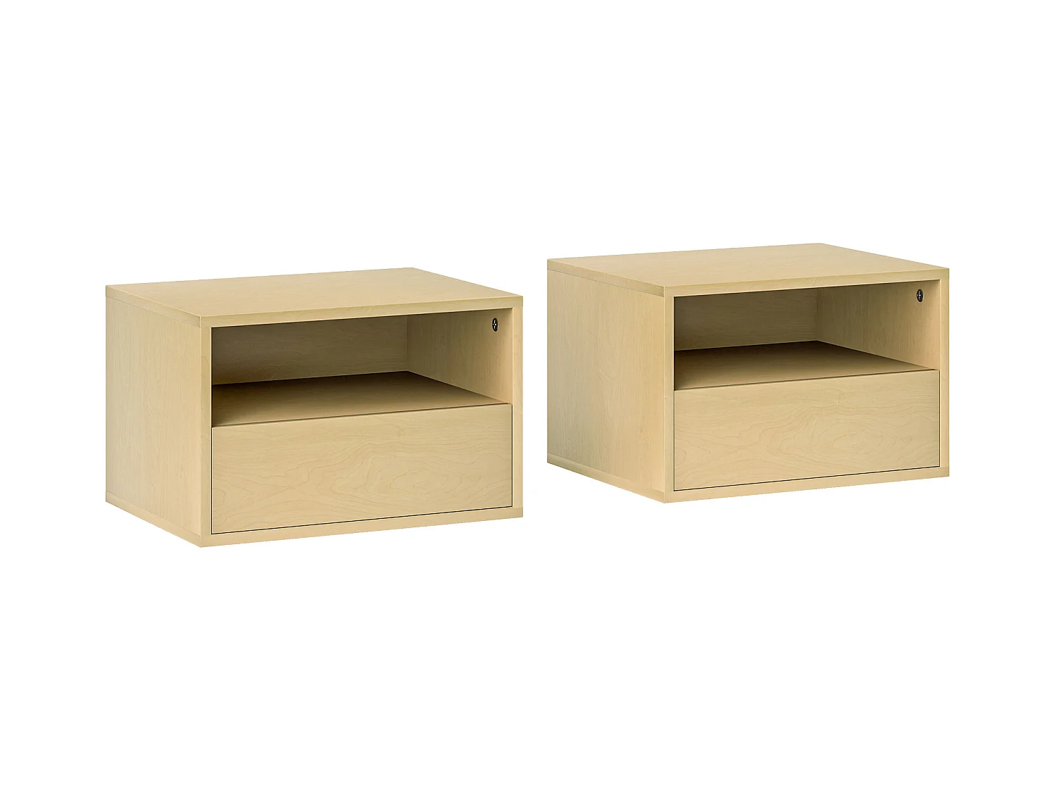 Table de chevet suspendue, design flottant, bois naturel, avec tiroir et étagère ouverte (45x35x27.5 cm)