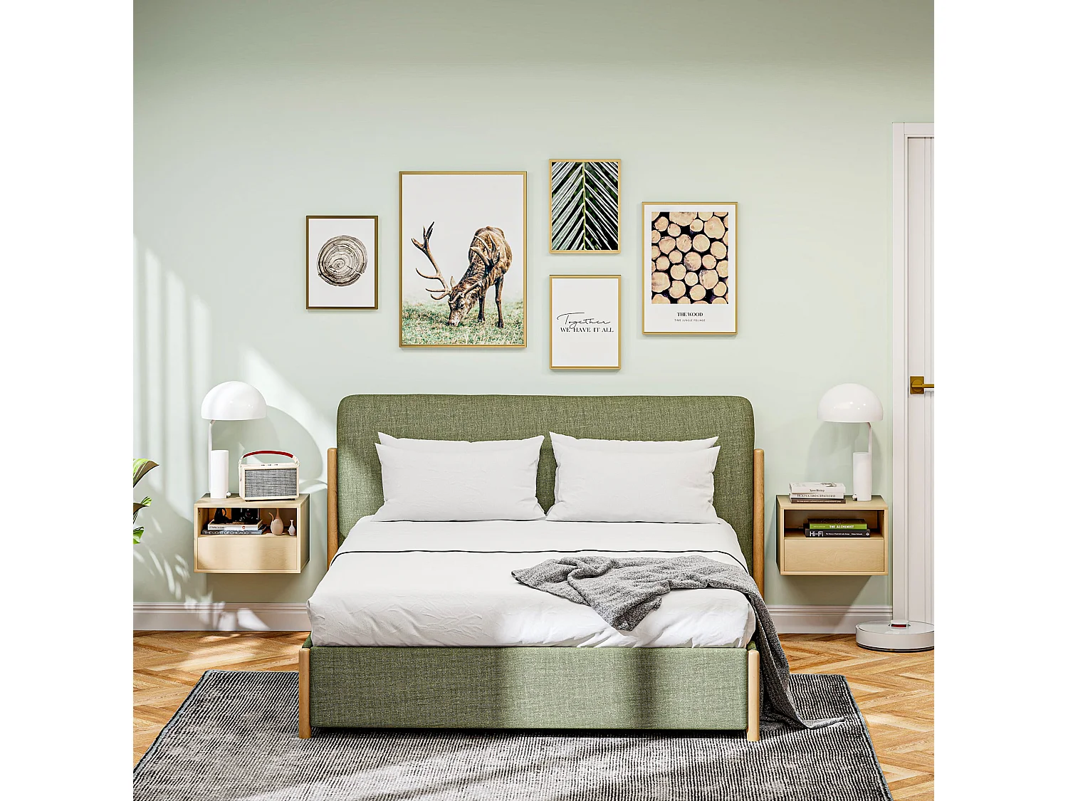 Table de chevet suspendue, design flottant, bois naturel, avec tiroir et étagère ouverte (45x35x27.5 cm)