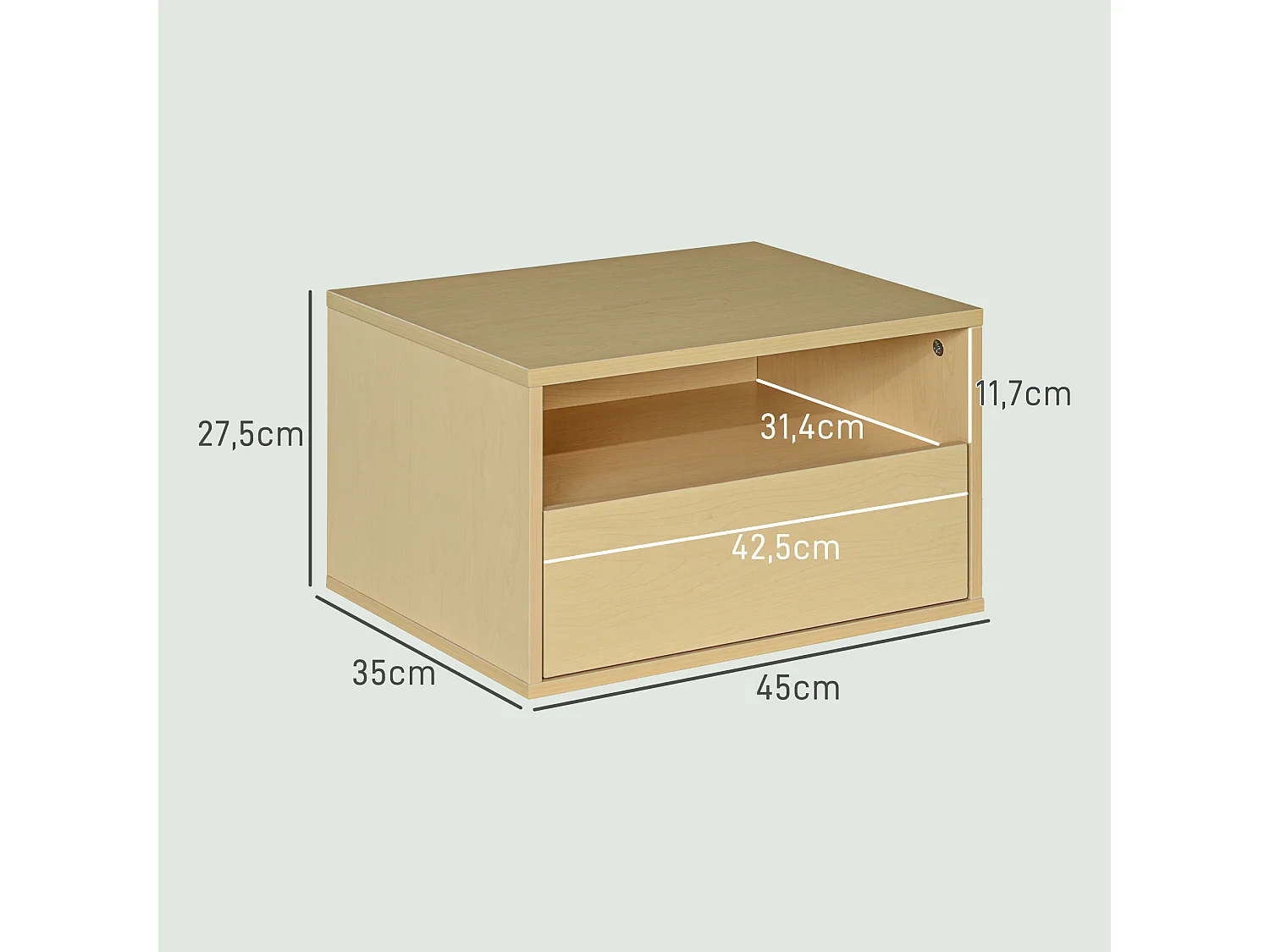 Table de chevet suspendue, design flottant, bois naturel, avec tiroir et étagère ouverte (45x35x27.5 cm)