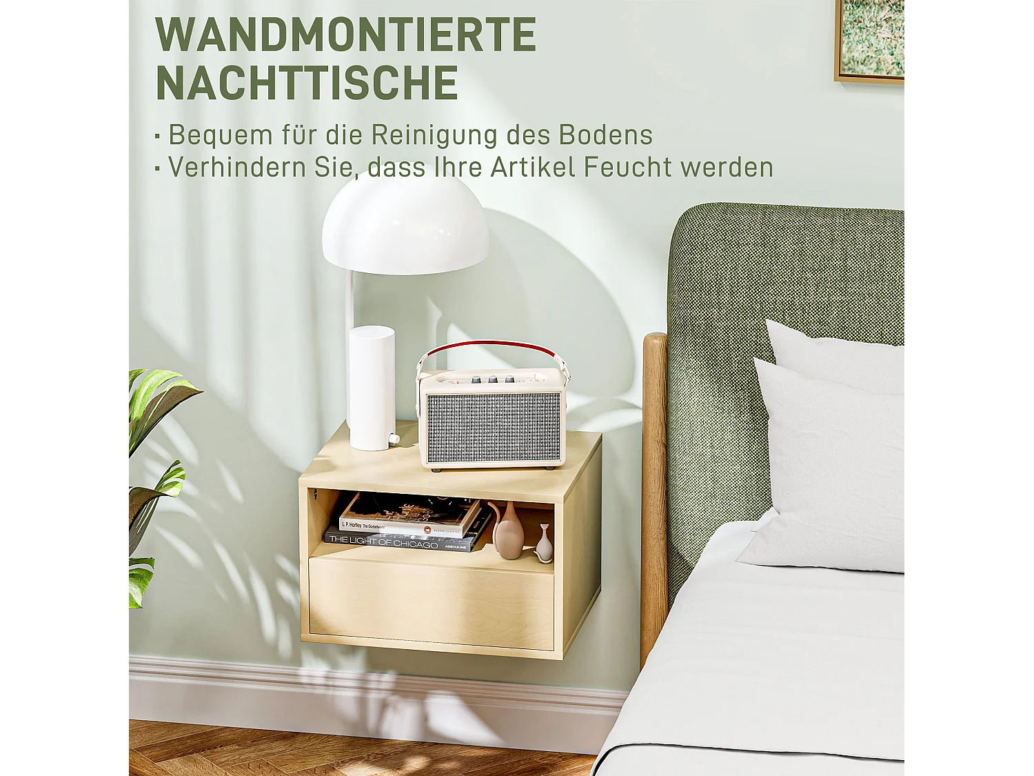 Table de chevet suspendue, design flottant, bois naturel, avec tiroir et étagère ouverte (45x35x27.5 cm)