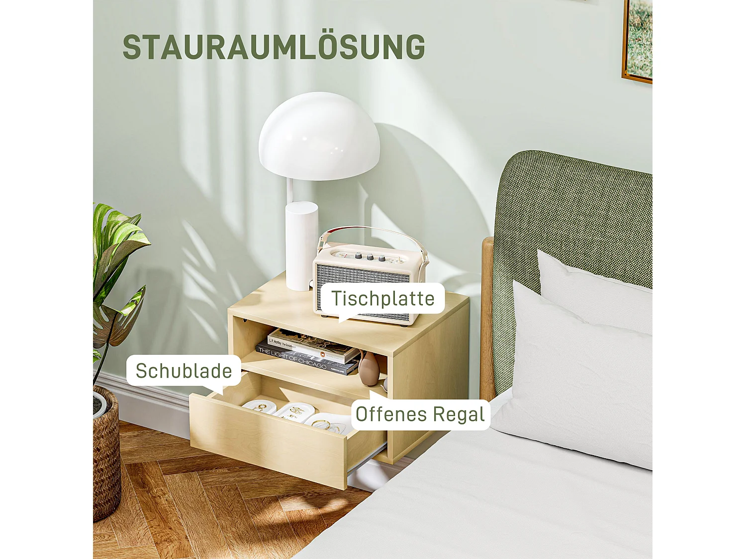 Table de chevet suspendue, design flottant, bois naturel, avec tiroir et étagère ouverte (45x35x27.5 cm)