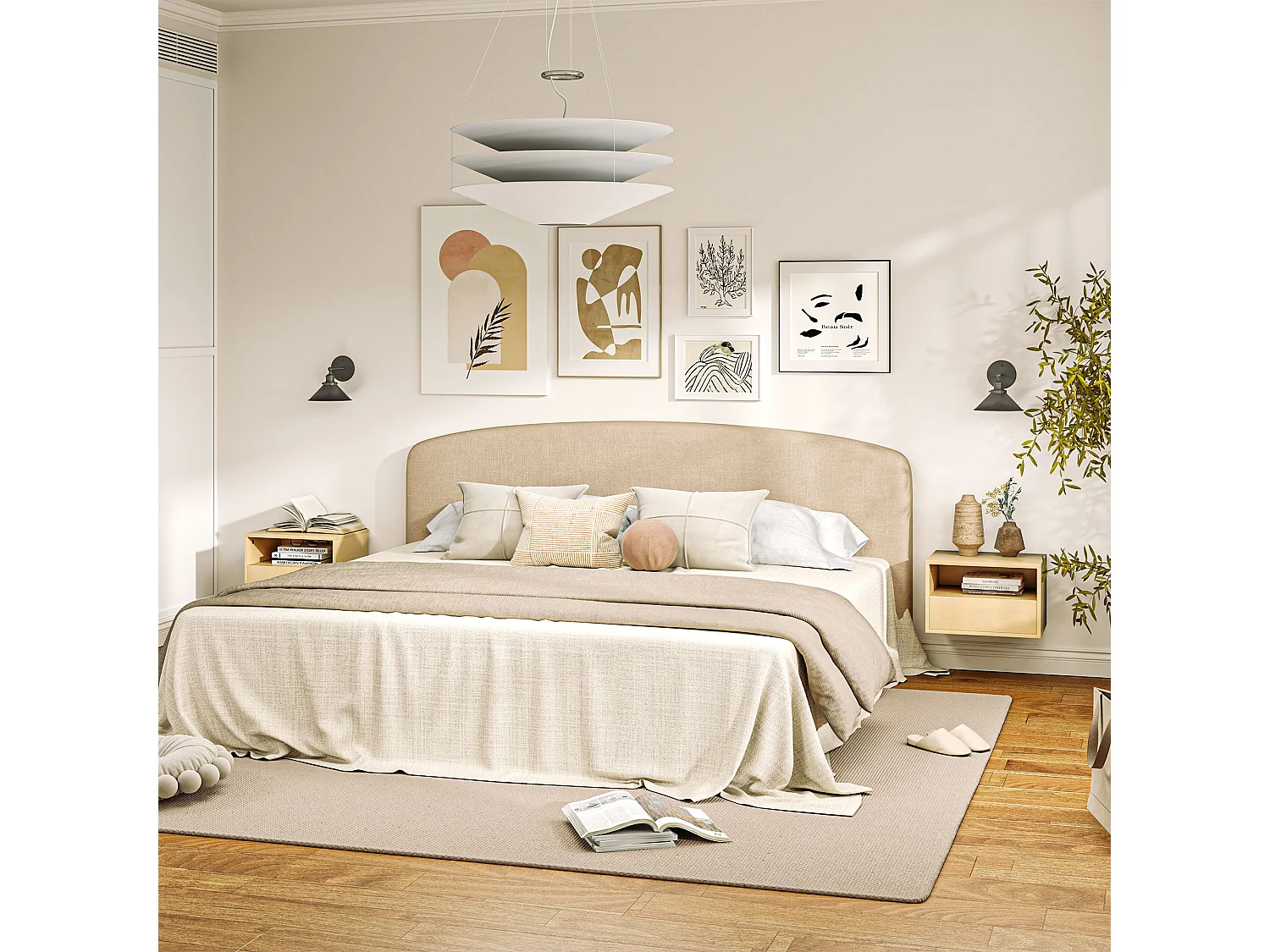 Table de chevet suspendue, design flottant, bois naturel, avec tiroir et étagère ouverte (45x35x27.5 cm)