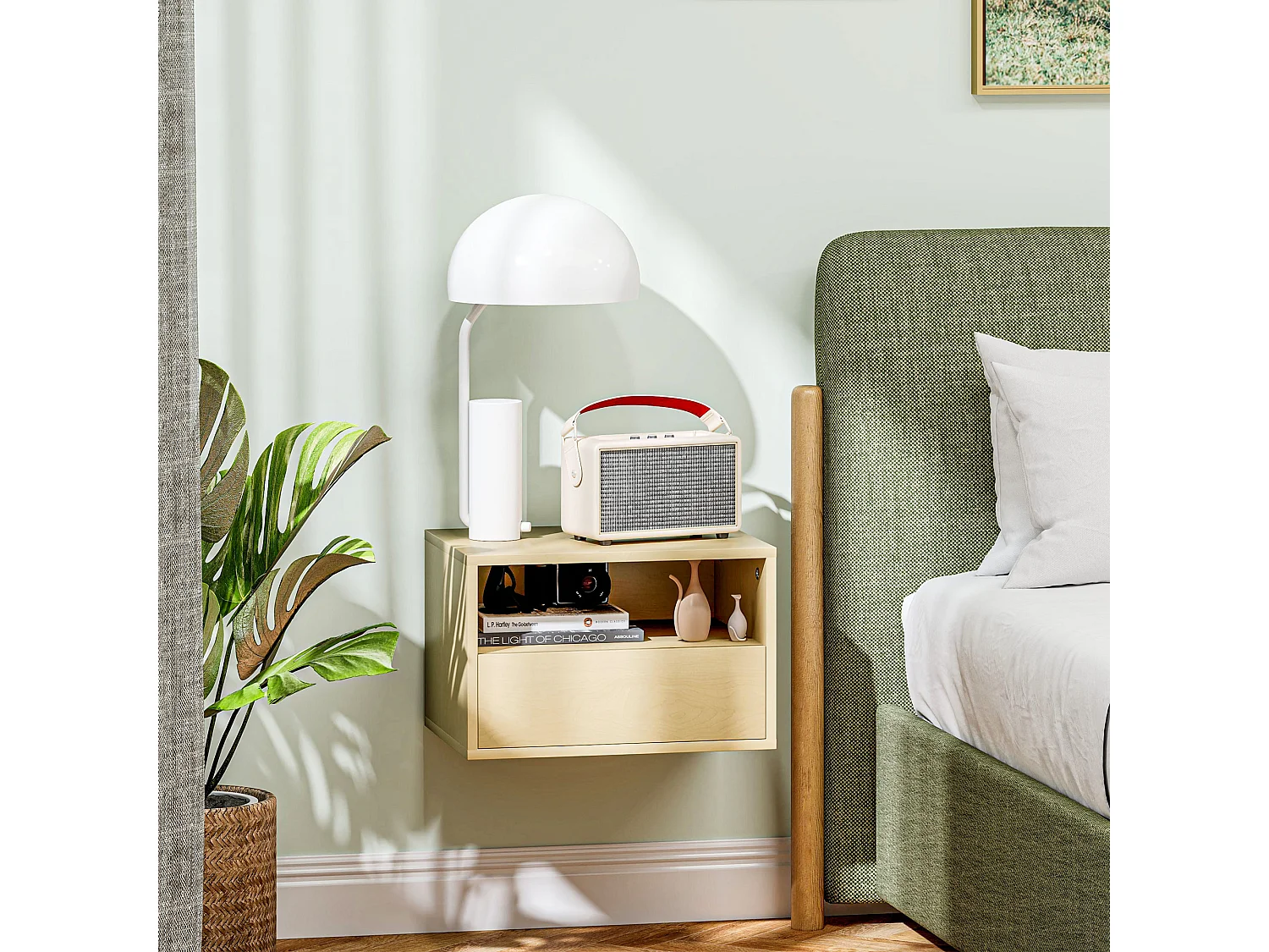 Table de chevet suspendue, design flottant, bois naturel, avec tiroir et étagère ouverte (45x35x27.5 cm)
