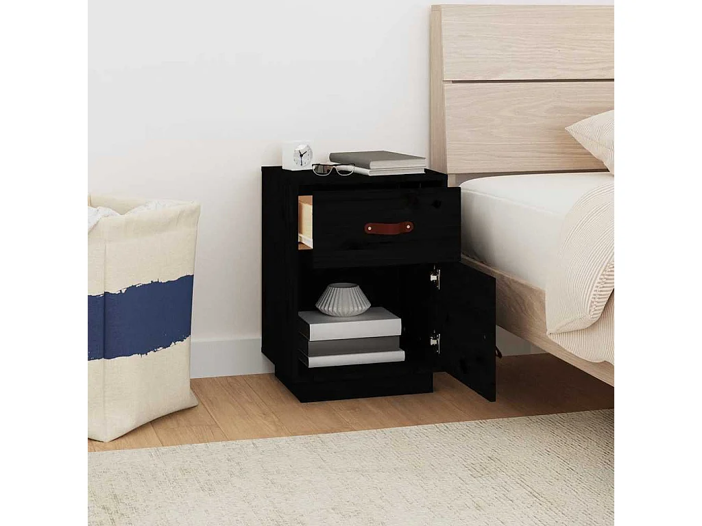 Comodino Nero 40x34x55 cm Legno massello di pino