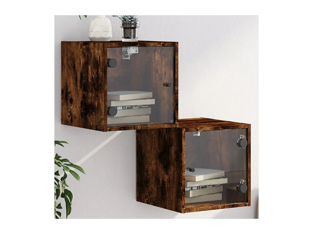 Tables de chevet et portes vitrées 2 pcs chêne fumé 35x37x35 cm