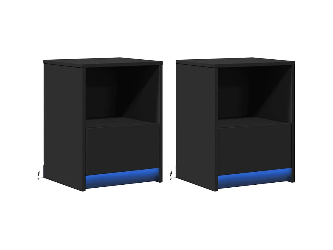 Armoires de chevet et lumières LED 2 pcs noir bois d'ingénierie