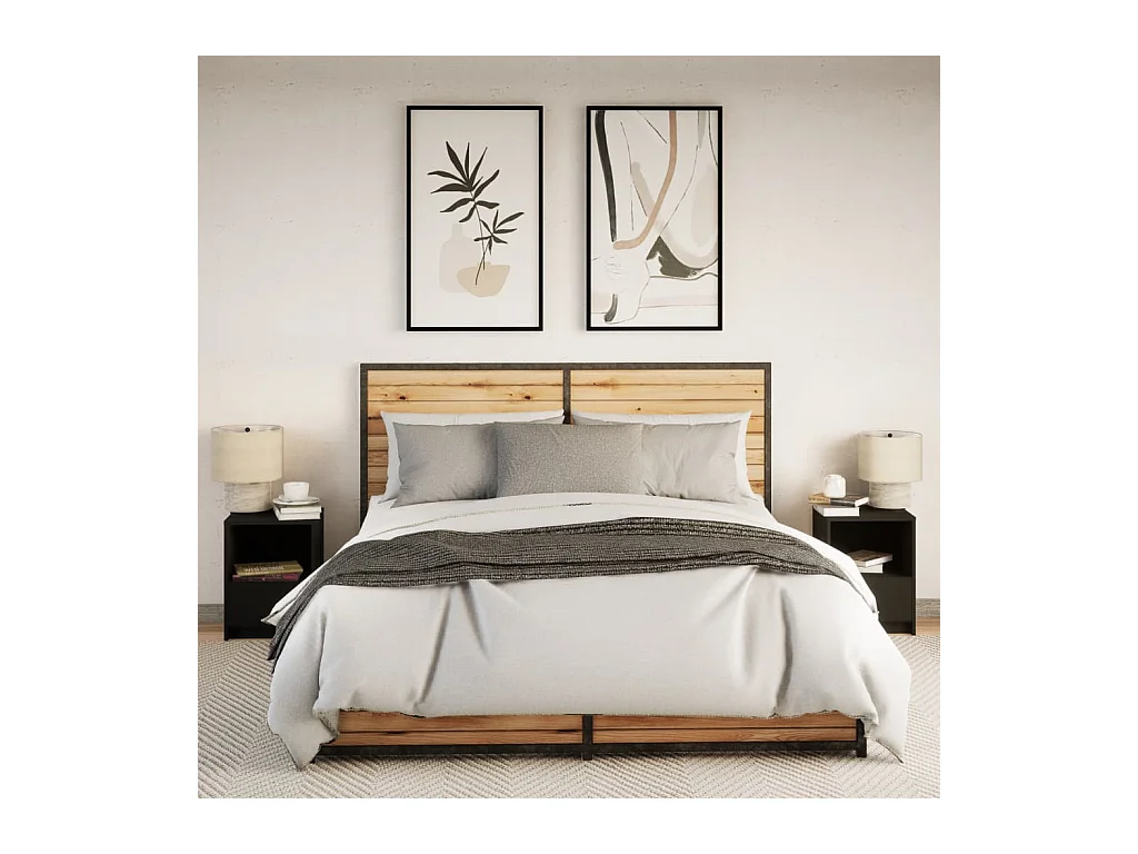 Armoires de chevet et lumières LED 2 pcs noir bois d'ingénierie