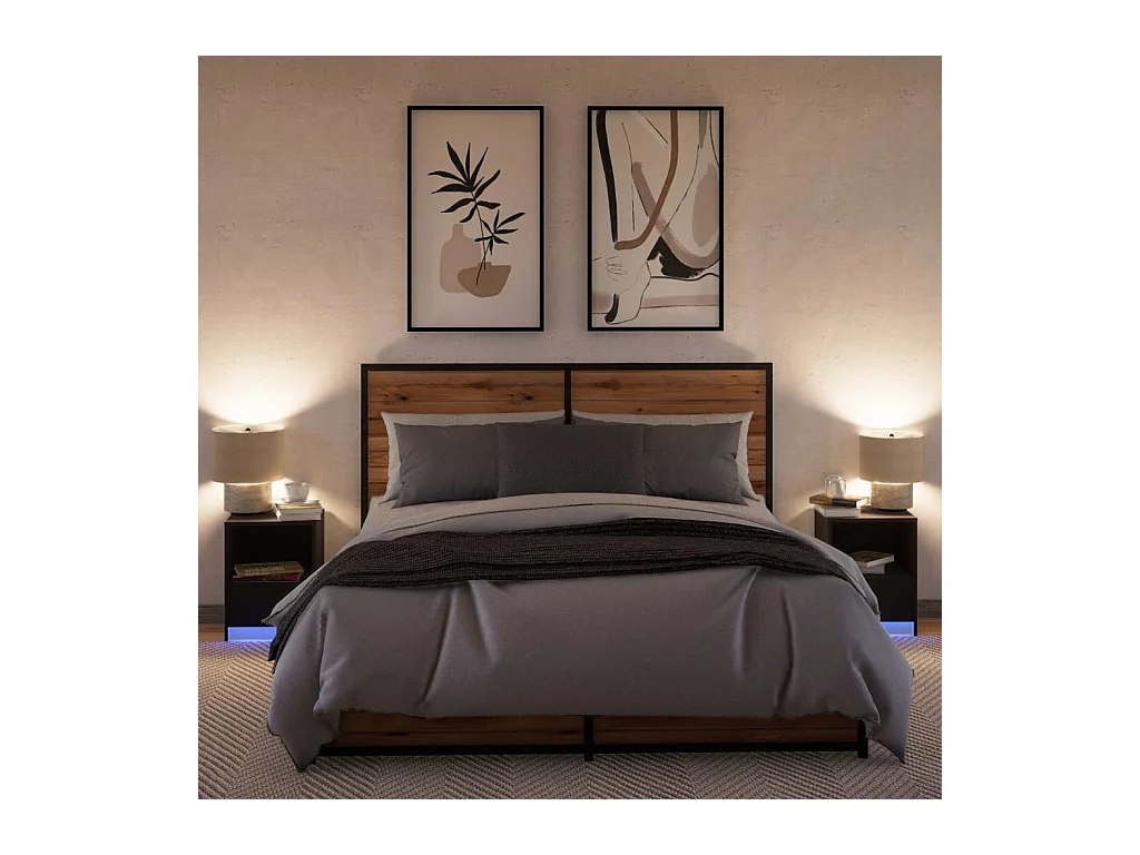 Armoires de chevet et lumières LED 2 pcs noir bois d'ingénierie