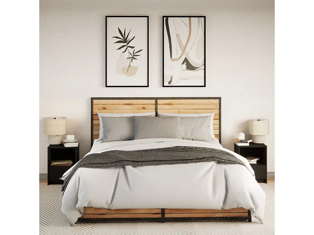 Comodini e luci a LED 2 pezzi in legno ingegnerizzato nero