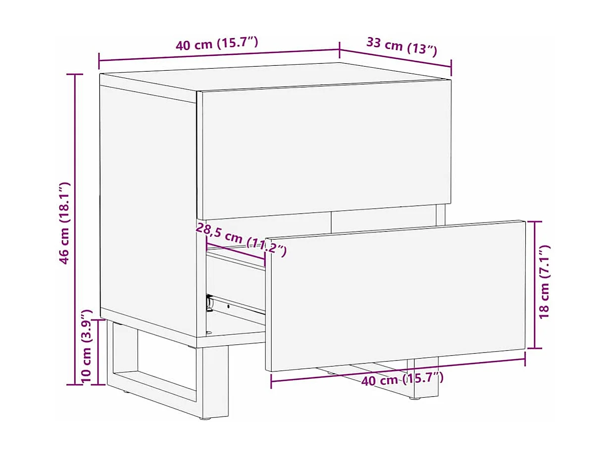 Cabinet de chevet 40x33.5x46 cm en bois de manguier massif et en bois reconstitué