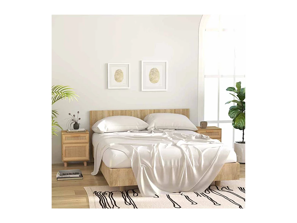 Comodini 2 pezzi Marrone Legno massello di pino e rattan naturale