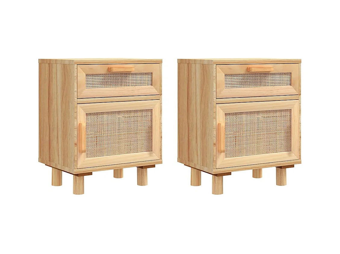 Comodini 2 pezzi Marrone Legno massello di pino e rattan naturale