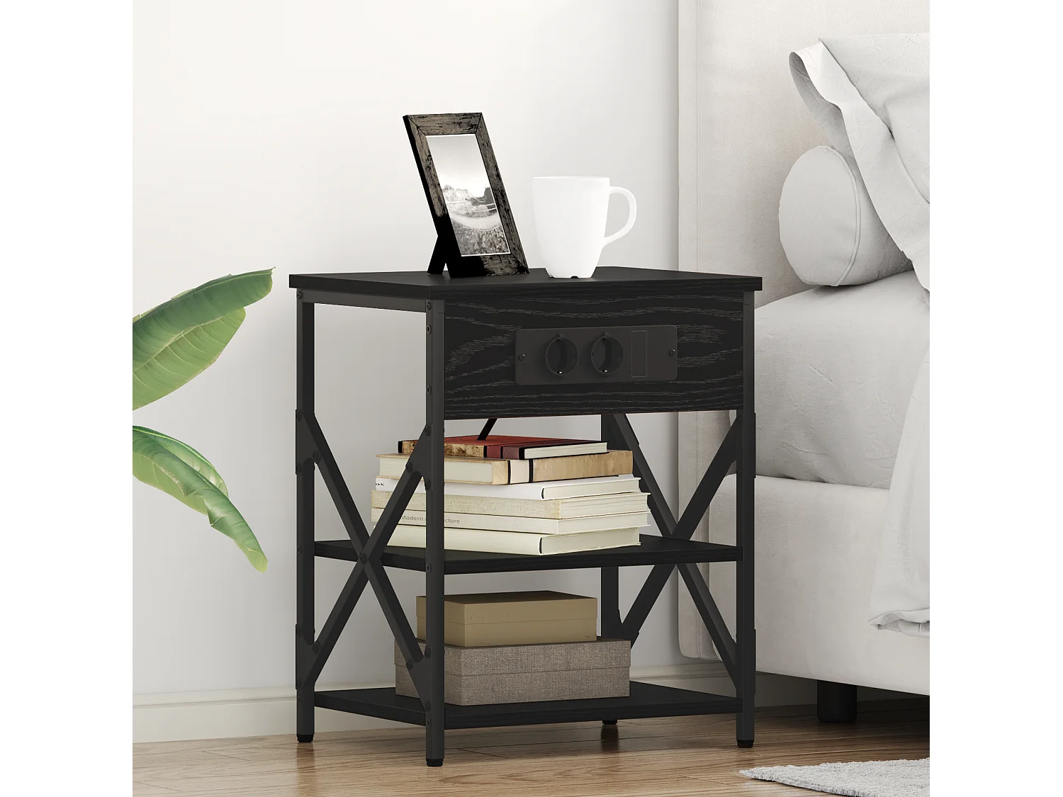 Table de nuit avec station de chargement Chêne noir