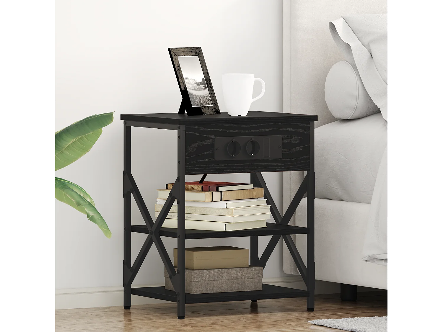 Table de nuit avec station de chargement Chêne noir