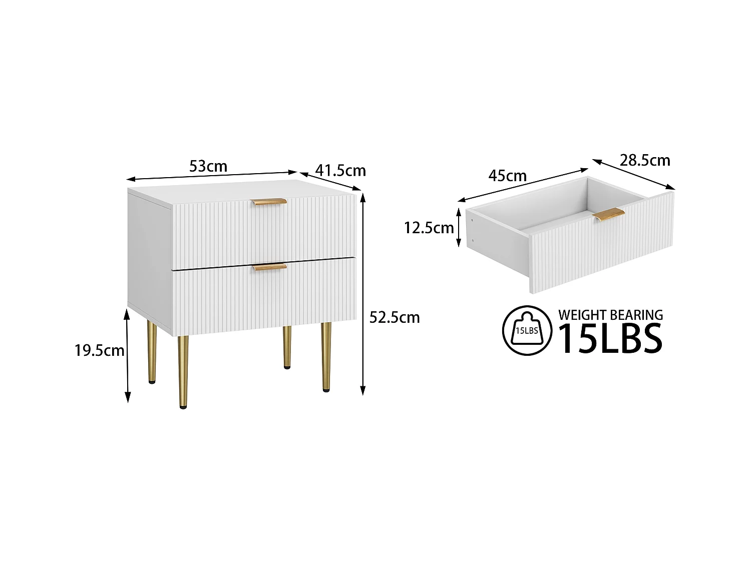 Table de chevet blanche à motifs ondulés avec 2 tiroirs, MDF et métal (53x41.3x52.5cm)