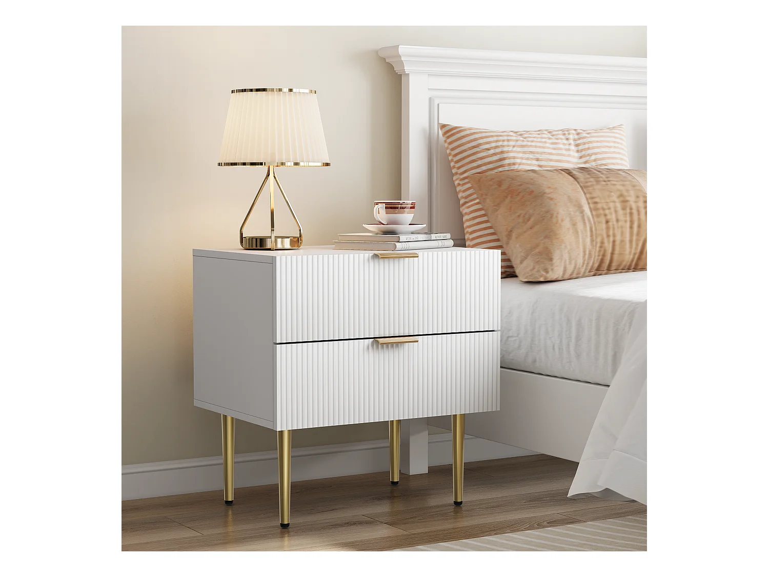 Table de chevet blanche à motifs ondulés avec 2 tiroirs, MDF et métal (53x41.3x52.5cm)