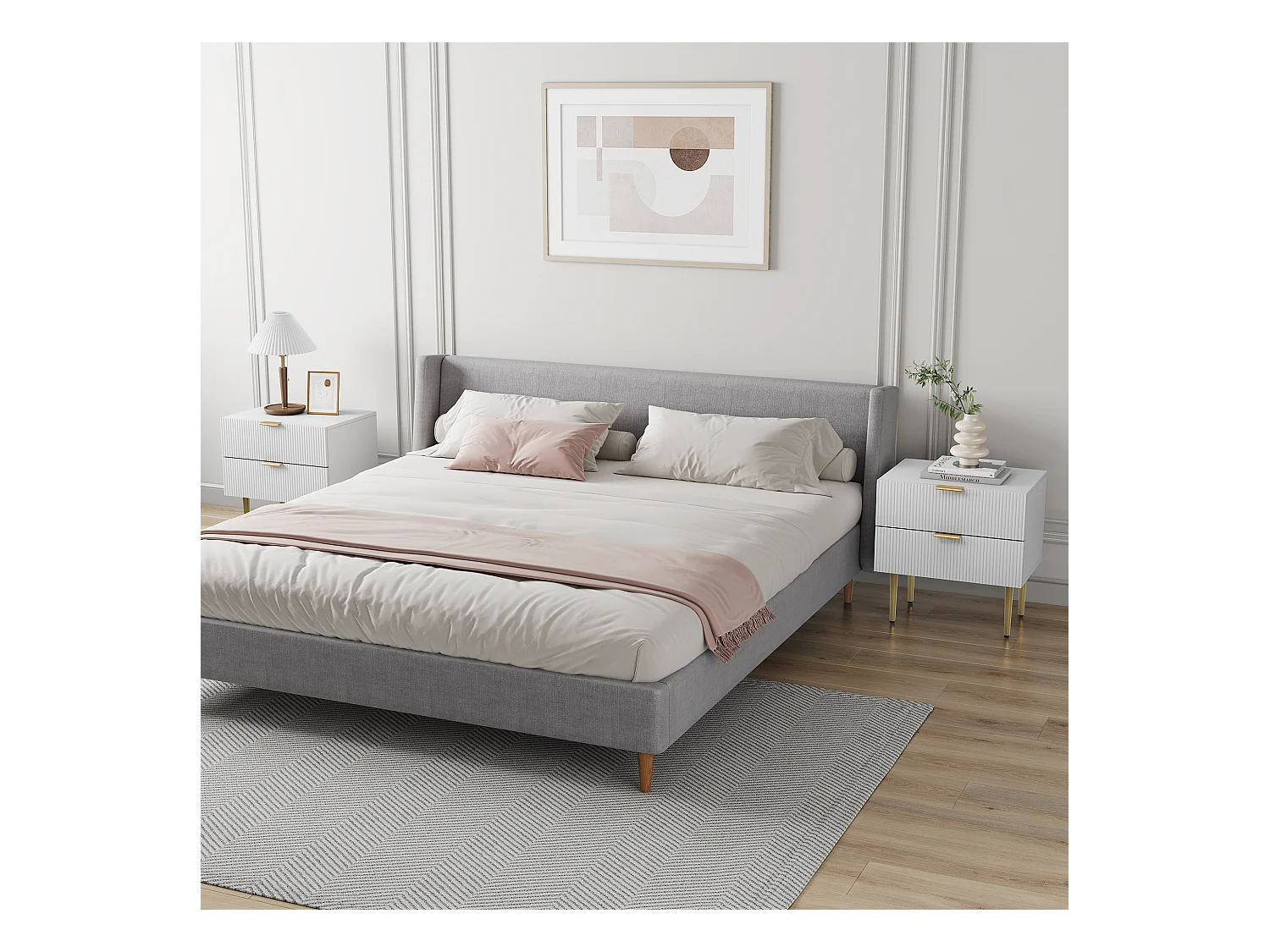 Table de chevet blanche à motifs ondulés avec 2 tiroirs, MDF et métal (53x41.3x52.5cm)