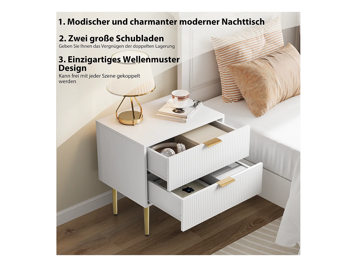 Table de chevet blanche à motifs ondulés avec 2 tiroirs, MDF et métal (53x41.3x52.5cm)