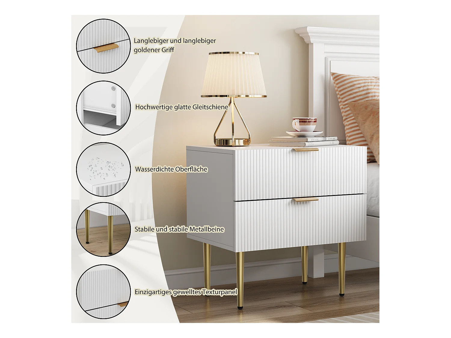 Table de chevet blanche à motifs ondulés avec 2 tiroirs, MDF et métal (53x41.3x52.5cm)