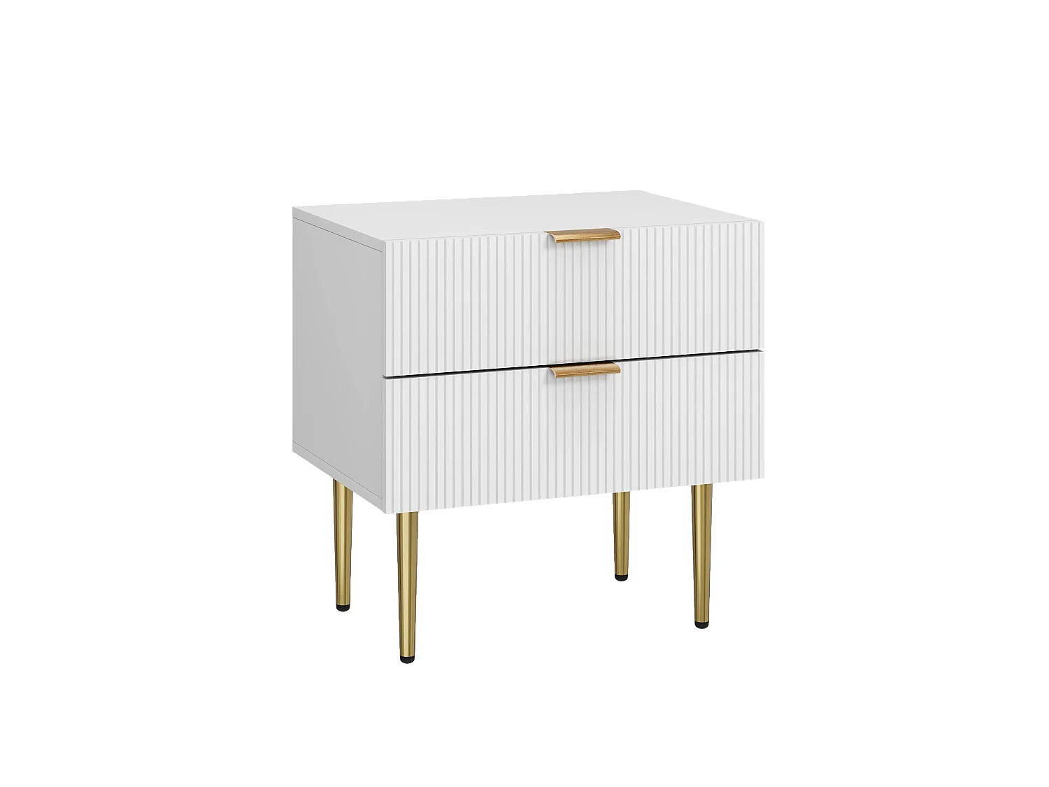 Table de chevet blanche à motifs ondulés avec 2 tiroirs, MDF et métal (53x41.3x52.5cm)