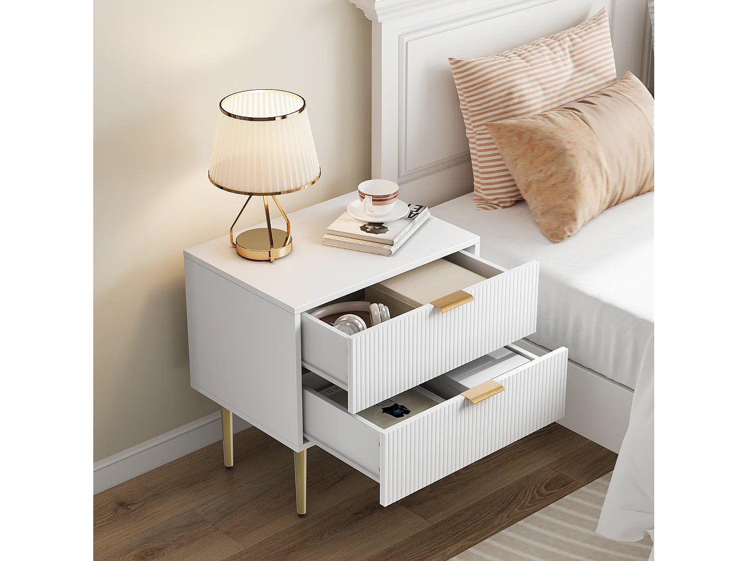 Table de chevet blanche à motifs ondulés avec 2 tiroirs, MDF et métal (53x41.3x52.5cm)