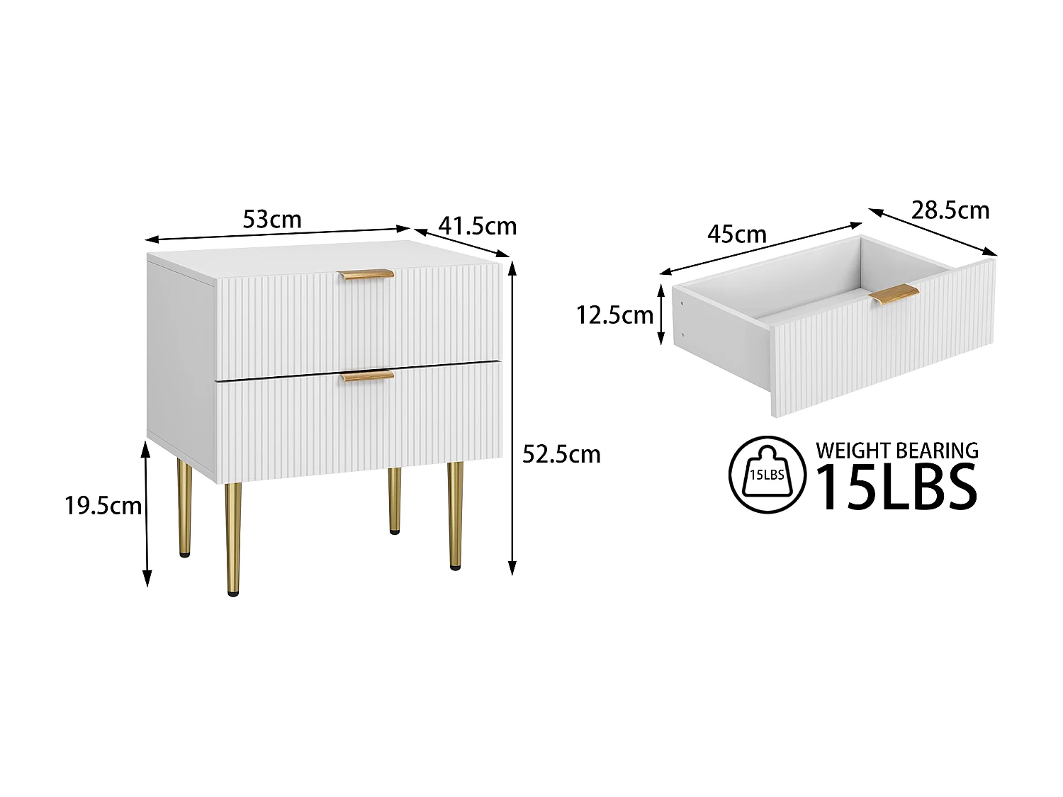 Table de chevet blanche à motifs ondulés avec 2 tiroirs, MDF et métal (53x41.3x52.5cm)