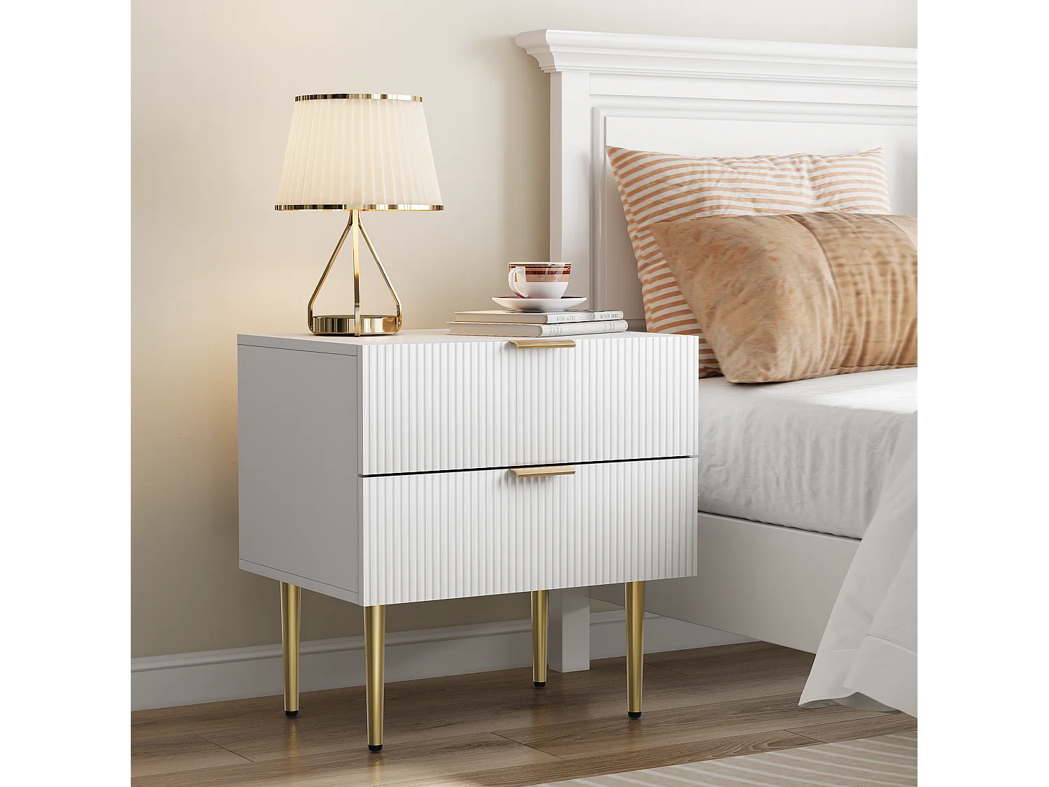 Table de chevet blanche à motifs ondulés avec 2 tiroirs, MDF et métal (53x41.3x52.5cm)