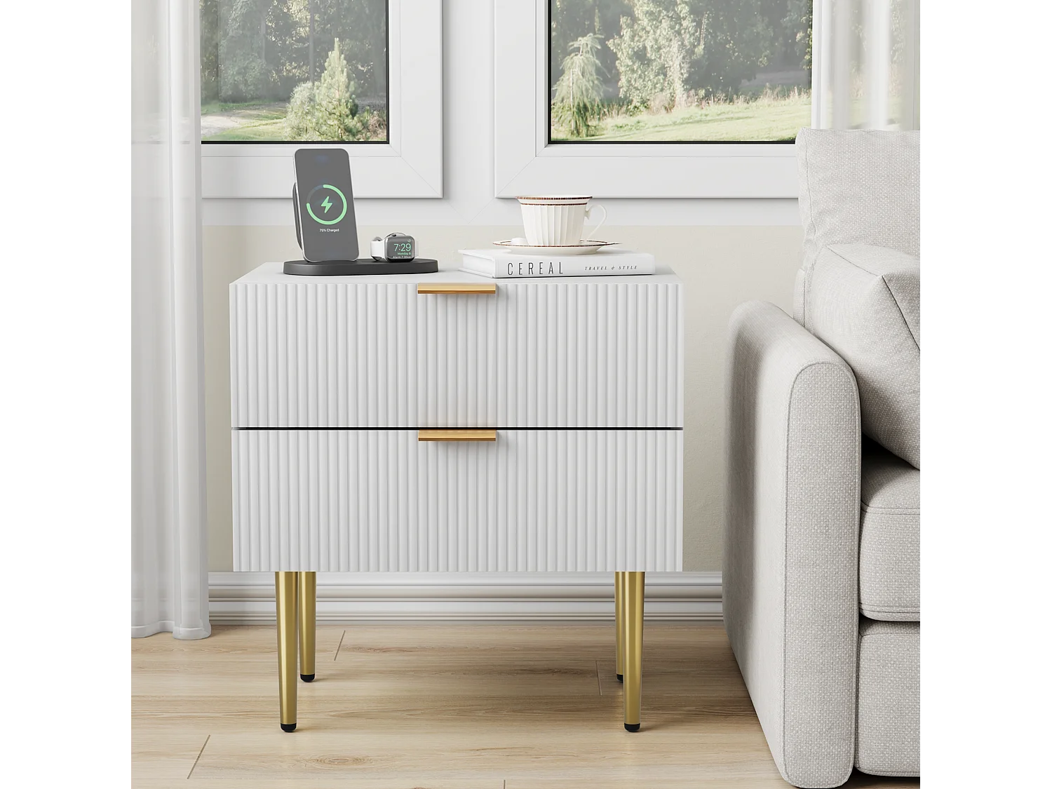 Table de chevet blanche à motifs ondulés avec 2 tiroirs, MDF et métal (53x41.3x52.5cm)