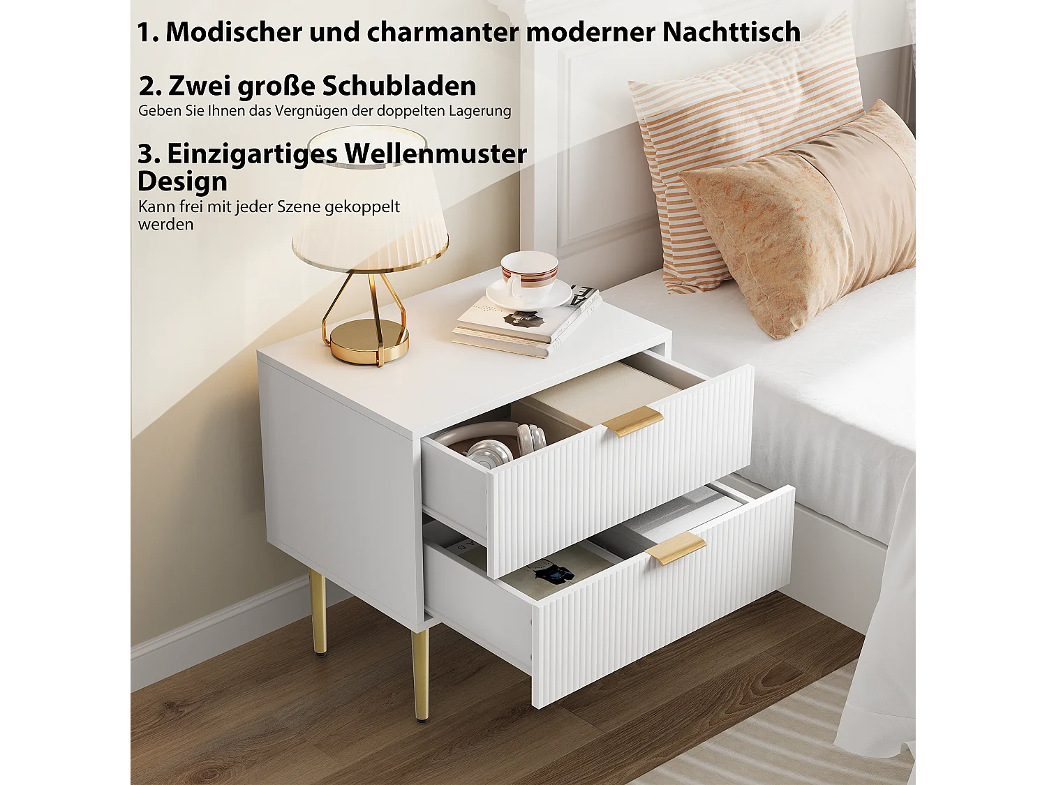 Table de chevet blanche à motifs ondulés avec 2 tiroirs, MDF et métal (53x41.3x52.5cm)