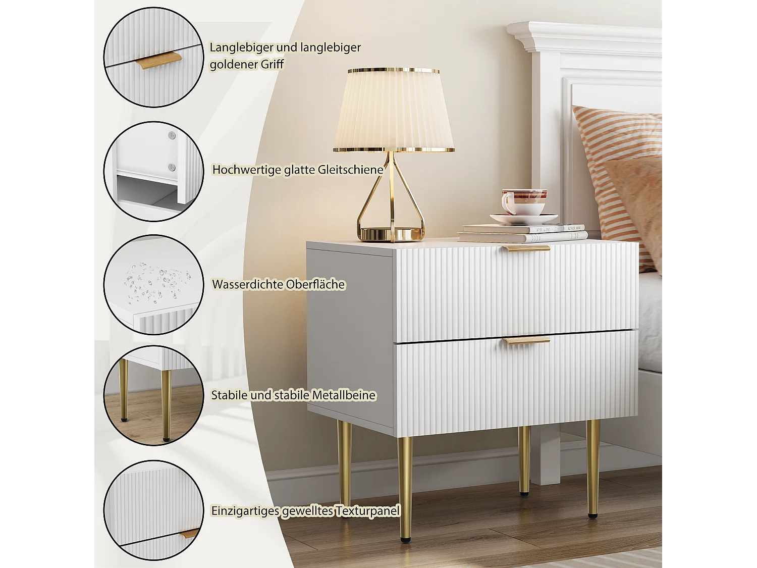 Table de chevet blanche à motifs ondulés avec 2 tiroirs, MDF et métal (53x41.3x52.5cm)