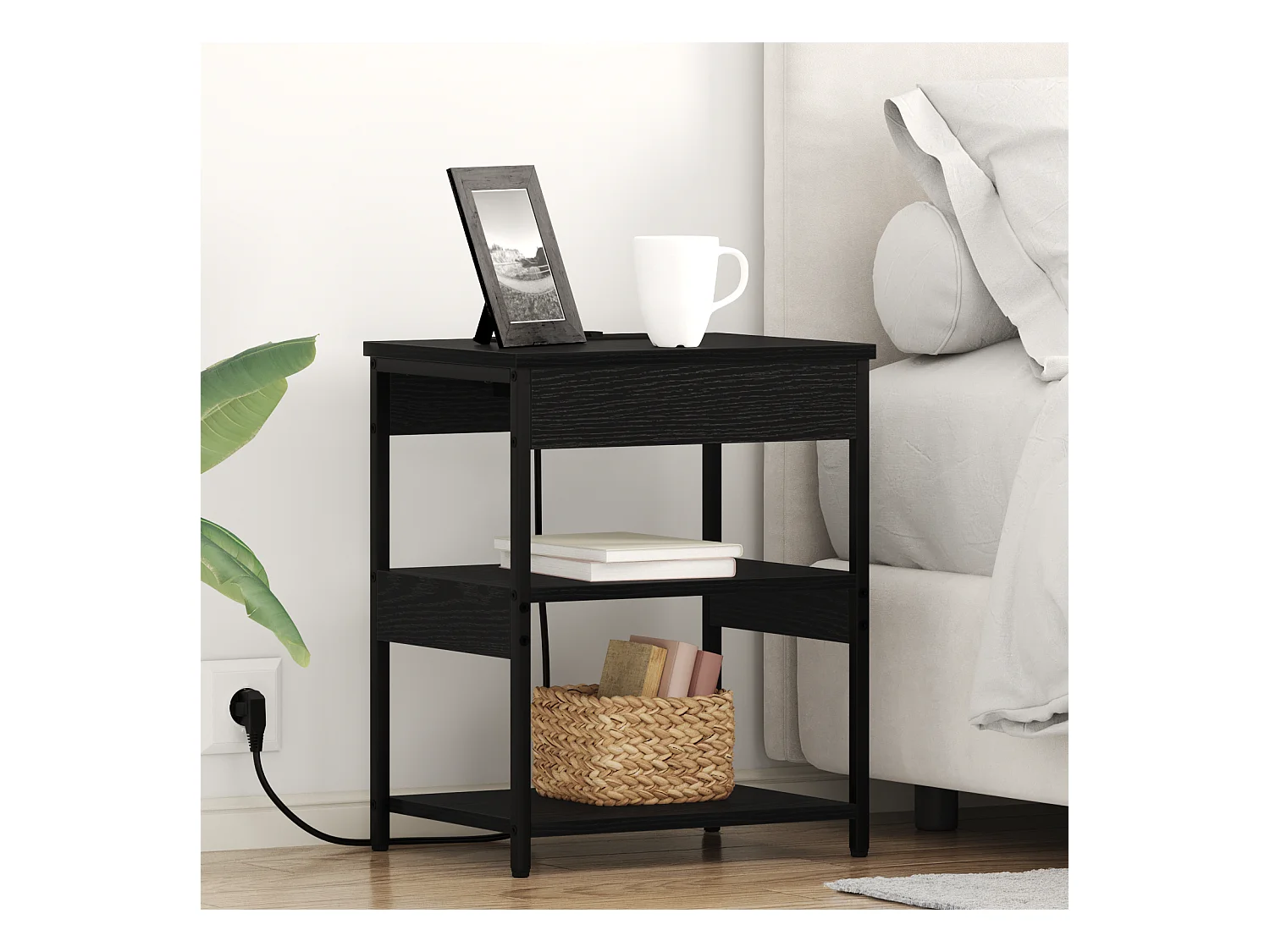 Comodino in rovere nero 41 x 31 x 51 cm in legno ingegnerizzato