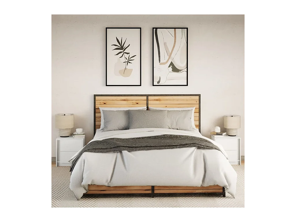 Armoires de chevet et lumières LED 2pcs blanc bois d'ingénierie