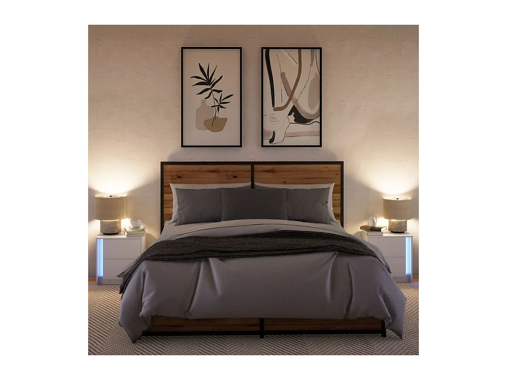 Armoires de chevet et lumières LED 2pcs blanc bois d'ingénierie