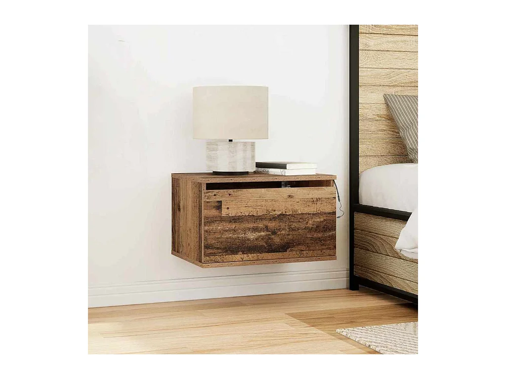 Comodini da parete in legno antico a 2 pezzi con luci a LED