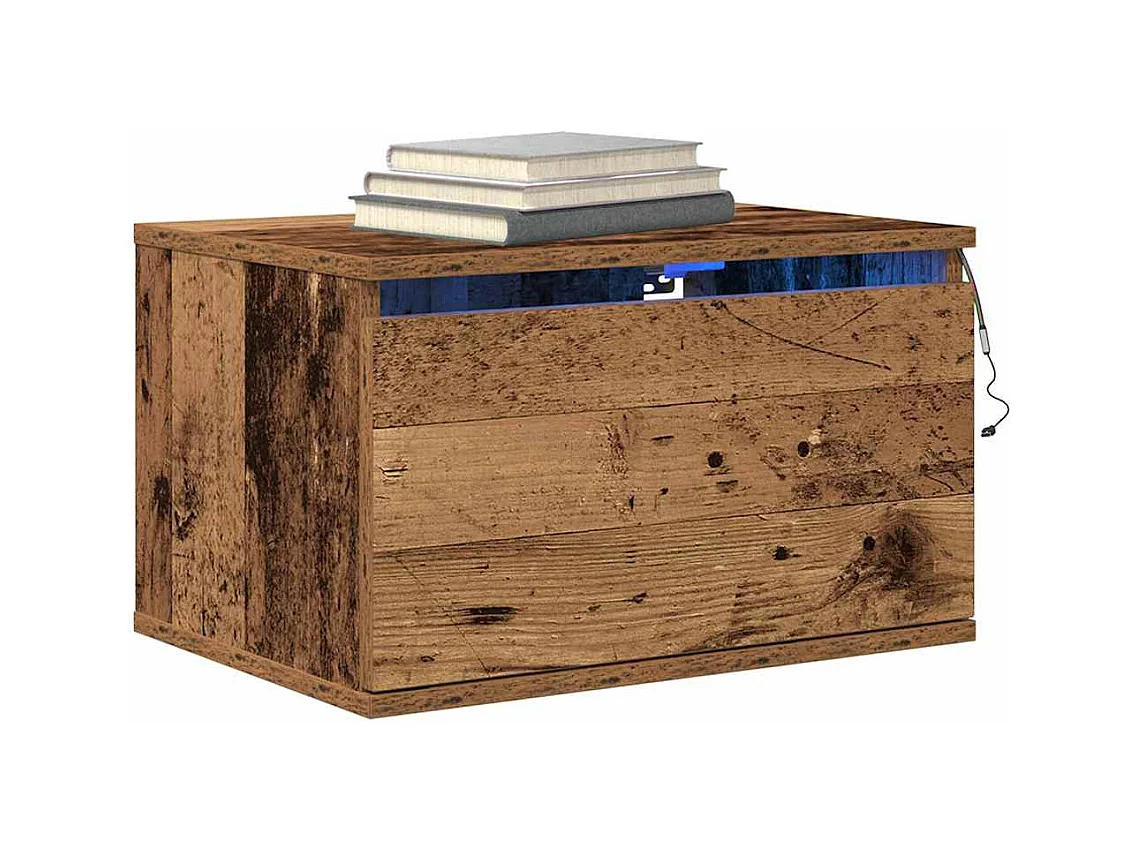 Comodini da parete in legno antico a 2 pezzi con luci a LED